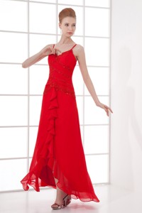 Spaghetti Straps Tea-length Chiffon Red Dress For Prom