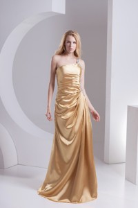 Column One Shoulder Taffeta Beading Ruching Gold Celebrity Dress