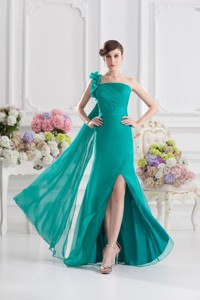 One Shoulder Turquoise Column Handle Made Flowers Celebrity Dress