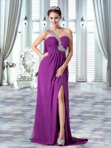 Sexy One Shoulder High Slit Beading And Ruching Celebrity Dress In Purple