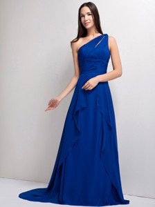 Customize Peacock Blue One Shoulder Ruch Bridesmaid Dress Court Train Elastic Wove Satin And