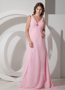 Sheer V-neck Brush Designers Baby Pink Chiffon Evening Dress Inexpensive
