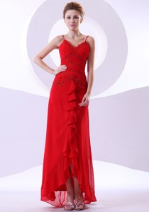 Beading Decorate Bodice Straps Red Chiffon Ankle-length Celebrity Dress