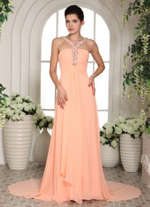 Baby Pink Straps Beading And Ruch Celebrity Dress With Court Train