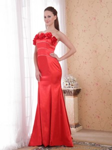 Red Mermaid Strapless Court Train Satin Hand Made Flower Celebrity Dress