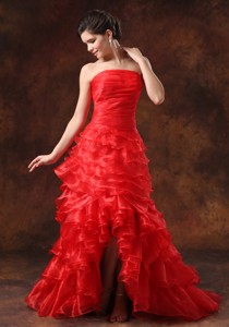 High Slit Red Ruffled Layers Ruched Bodice Celebrity Dress