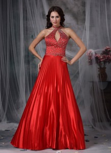 Red Pleat High-neck Floor-length Celebrity Dress With Beading