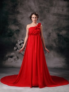 Sweet Red Empire One Shoulder Court Train Chiffon Prom / Evening Dress