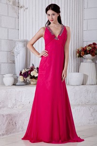 Hot Pink Empire Prom / Evening Dress V-neck Brush Train Chiffon Beading
