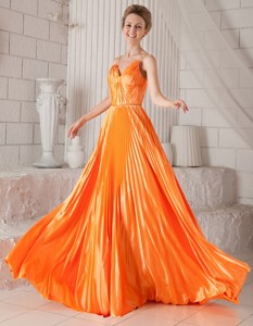Orange Red Empire Spaghetti Straps Court Train Elastic Woven Satin Pleat Celebrity Dress