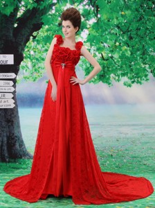 Red Flowers Decorate Celebrity Dress With Lace Sequare Neckline In Cordova