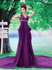 V-neck Beading Celebrity Dress Chiffon Purple Watteau Empire