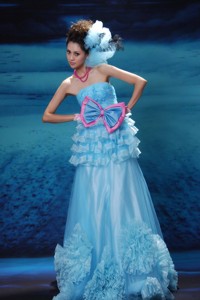 Greenville Appliques With Beading Decorate Bust Bowknot Ruffled Layers Strapless Floor-length Aqua B