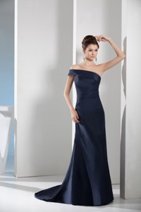 Asymmetrical Shoulder Sweep Train Navy Blue Prom Gown in Satin