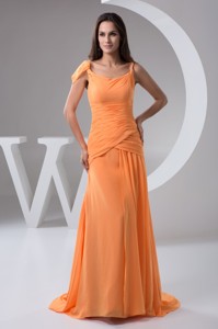 Orange Column Chiffon Prom Holiday Dress With Brush Train