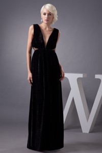 V-neck Black Floor-length Prom Party Dress with Cut Out Waist