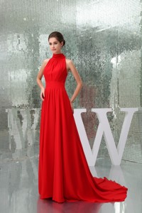 Pretty Chiffon High-neck Red Celebrity Dress Court Train In The Mainstream