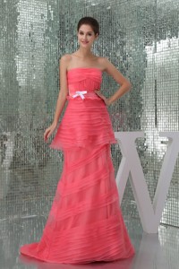 Watermelon Strapless Brush Train Celebrity Dress For Ladies With Ruche