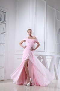 Off-the-shoulder Slitted Chiffon Celebrity Dress For Girls In Baby Pink