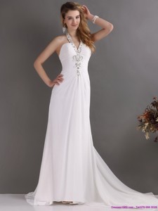 Beautiful Halter Top White Celebrity Dress With Ruching And Beading