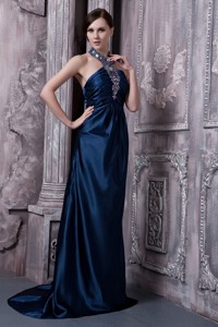 Navy Blue Celebrity Dress For Custom Made Column Halter Brush Train Elastic Woven Satin Beading