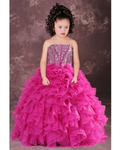 Sweet Hot Pink Strapless Beading Ruffles Little Girl Pageant Dress 