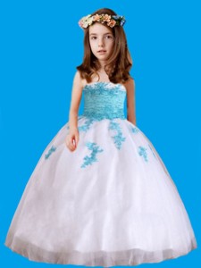 White Strapless Appliques Little Girl Pageant Dress