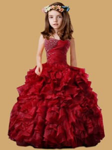 Wine Red Little Girl Pageant Dress with Beading and Ruffled Layers 