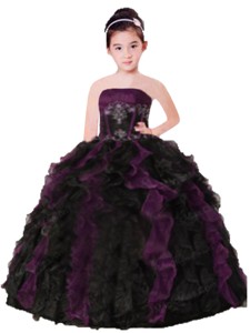 Purple and Black Strapless Appliques and Ruffles Organza Little Girl Pageant Dress 