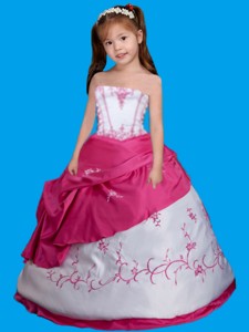 Strapless White and Hot Pink Little Girl Pageant Dress with Embroidery 