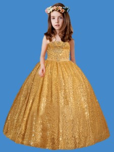 Gold Strapless Sequins Appliques Long New Little Girl Pageant Dress