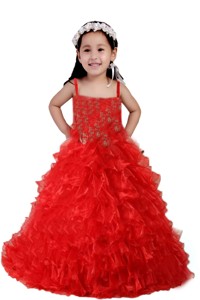 Red Straps Appliques And Ruffles Little Girl Pageant Dress