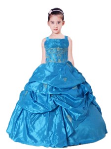 Blue Straps Little Girl Pageant Dress with Appliques and Pick-ups 