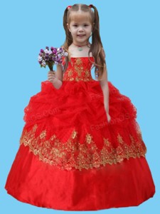 Strapless Lace Appliques Long Little Girl Pageant Dress in Red 