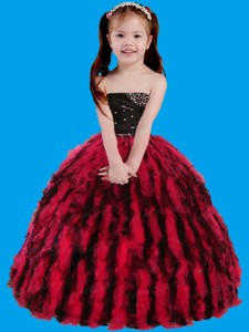 Red and Black Strapless Beading and Ruffles Little Girl Pageant Dress 