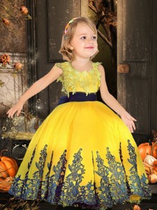 Simple Scoop Tulle Yellow Little Girl Dress with Appliques and Belt 
