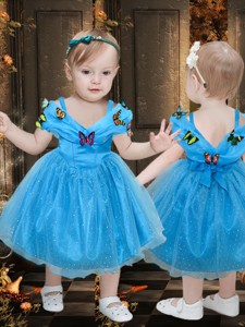 Beautiful Off the Shoulder Tea Length Little Girl Dress with Colorful Butterfly 