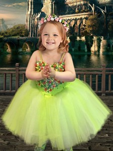 Most Popular Yellow Green Spaghetti Straps Little Girl Pageant Dress with Beading 
