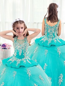 Pretty Straps Turquoise Little Girl Pageant Dress With Appliques