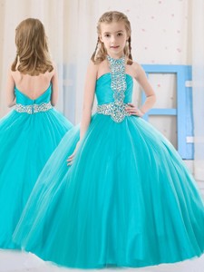 Sweet Ball Gown Halter Beading Aqua Blue Little Girl Pageant Dress in Tulle 