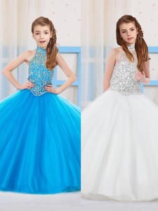 Fashionable Ball Gown Halter Floor-length Tulle Beaded Little Girl Pageant Dress 