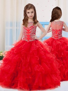 Red Ball Gowns Scoop Organza Beaded Bodice Little Girl Pageant Dress with Side Zipper 