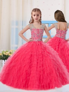 Sweet Ball Gowns Scoop Long Coral Red Little Girl Pageant Dress with Beading 