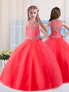 Beautiful Ball Gowns Scoop Tulle Coral Red Little Girl Pageant Dress with Beading 