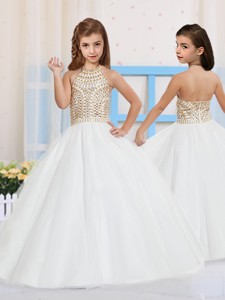 Ball Gown Halter Tulle Beading Little Girl Pageant Dress in White 