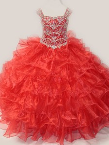 Ball Gown Straps Organza Beaded Bodice Lace Up Little Girl Pageant Dress in Red 