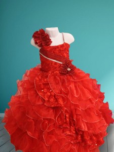 Discount Asymmetrical Neckline Red Little Girl Pageant Dress with Hand Made Flowers and Ruffles 