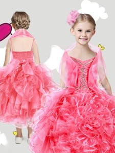 Lovely Spaghetti Straps Little Girl Pageant Dress with Beading and Rolling Flowers 