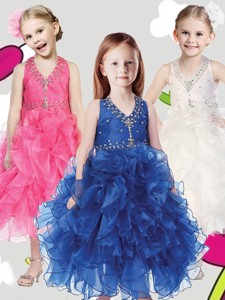 Best Beaded and Ruffled Halter Top Little Girl Pageant Dress in Tea Length 