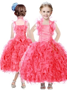 Beautiful Beaded and Ruffled Straps Little Girl Pageant Dress in Coral Red 